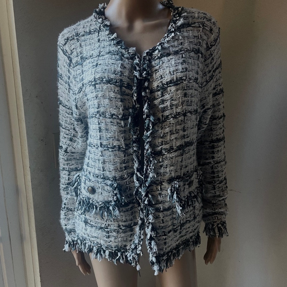 NWT DAVI & DANI Tweed Style Raw Edge Cardigan SZ L